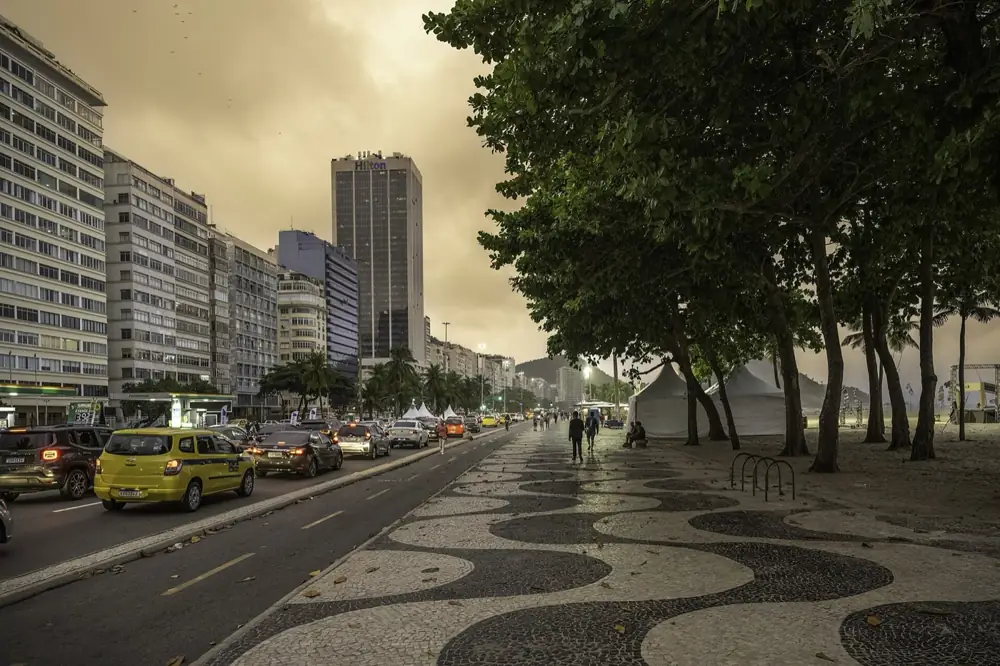 Copacabana's wave-patterned promenade at dusk, Rio de Janeiro
